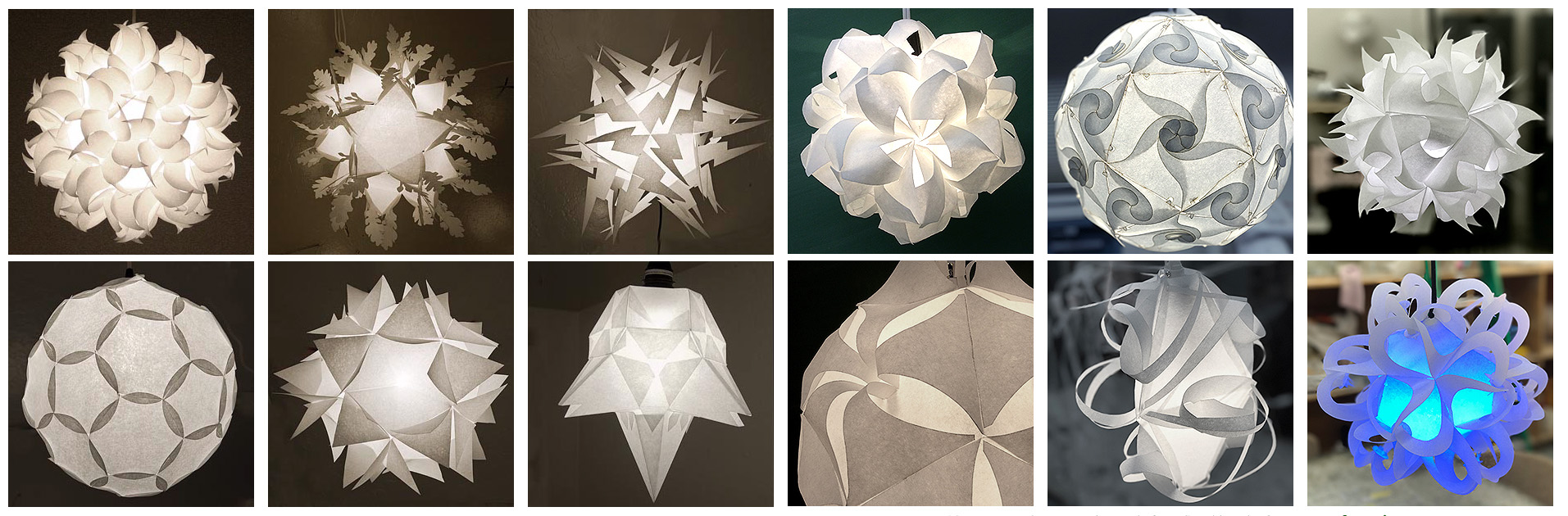 Above are twelve unique student examples of the Lamp Project. 1-3 are dynamic, while 4-6 are dynamic with circumvolutions. 7-9 are static (the 9th was fully glued together). 10-12 use static extensions, circumvolved to create a dynamic feel. lamps--primary-samples