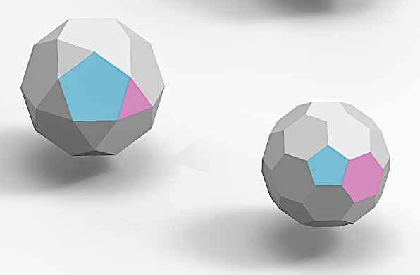 Two example polyhedra that utilize two distinct polygons: one has a pentagon and triangle, and the other a pentagon and hexagon. different-polygons