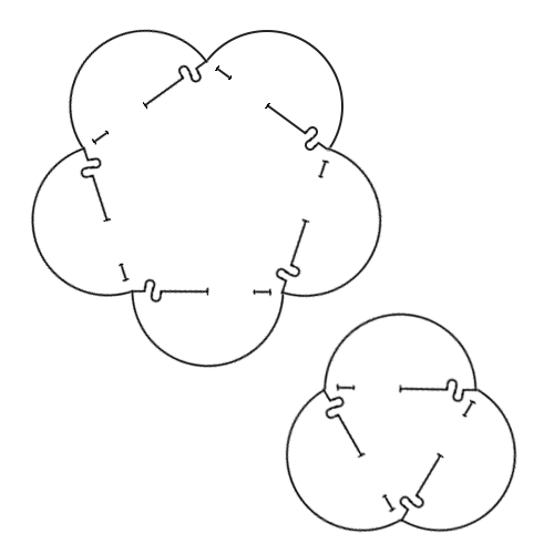 Two appropriately proportioned modular units - pentagon and triangle - employing the same static half-circle extension design. Twelve pentagonal and twenty triangular units will be necessary to assemble an icosidodecahedron. modules-example-1