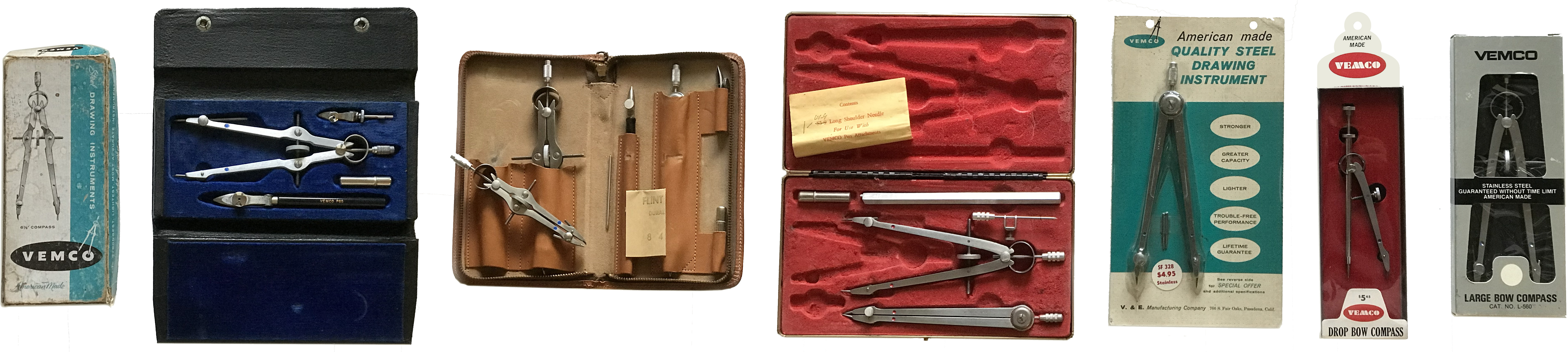 Over the years, Vemco sold its products in both kit and individual package form. The red velour case contains late-design Red Dot instruments, as well as a beam attachment. The other two kits contain early-design Blue Dot instruments. Notice on the right how packaging designs also evolved. cases-and-packages-1-large