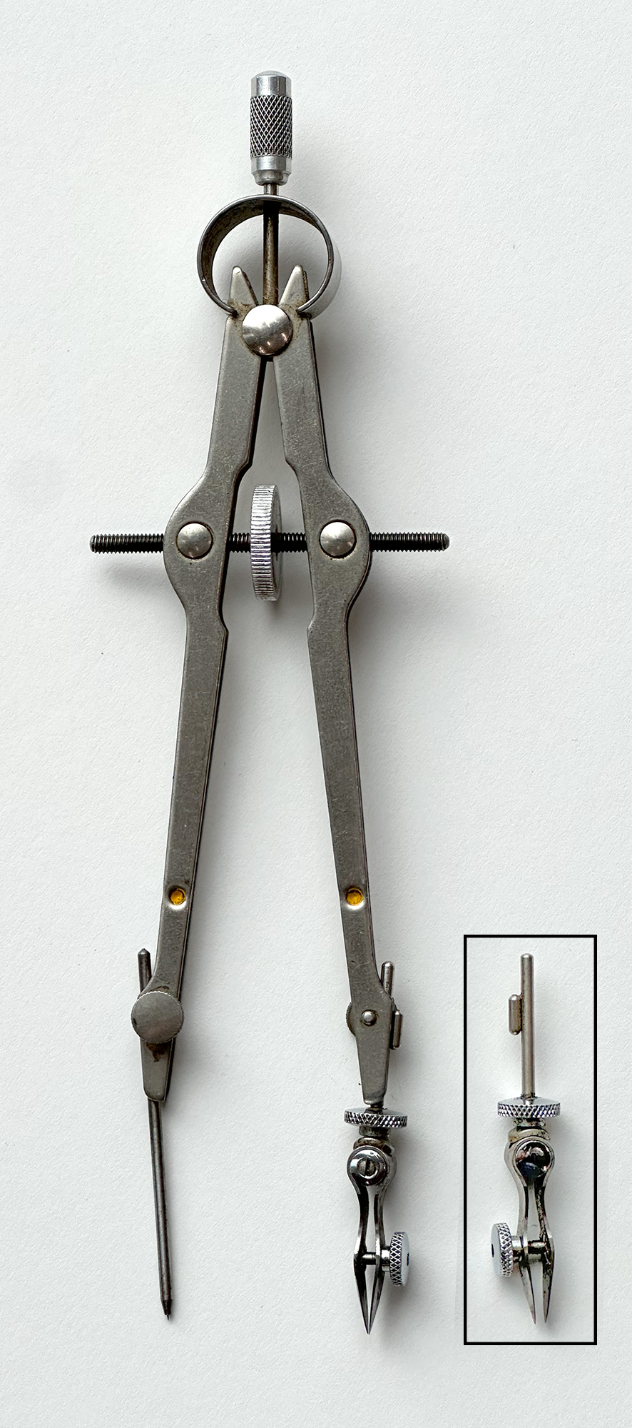 Here, the P-58 and P-59 parts are affixed to a 40-C Yellow Dot compass, but any of their standard bow compasses could hold these attachments. p58-in-use-with-p59-on-40c-compass
