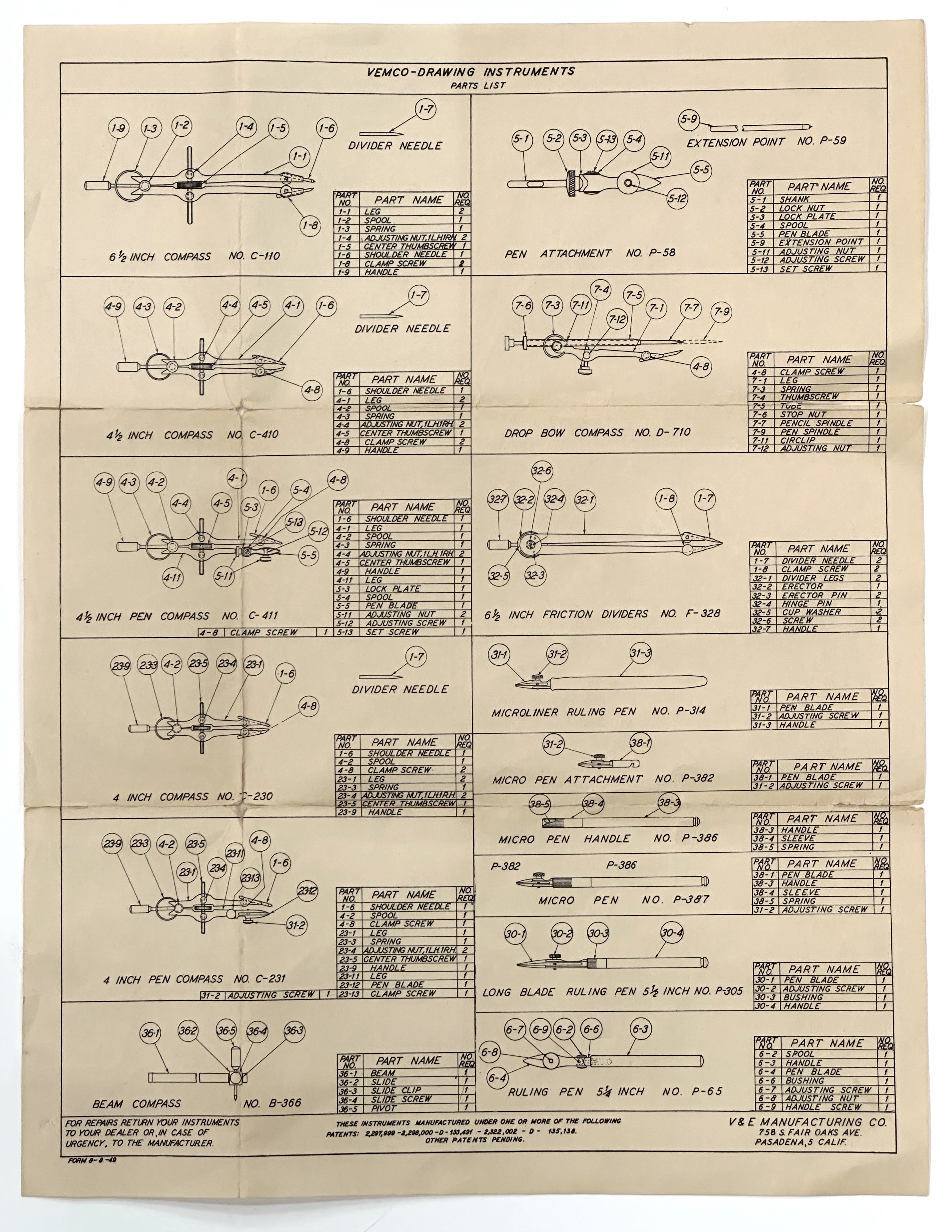 VEMCO Parts List, August 8, 1949. parts-list-4