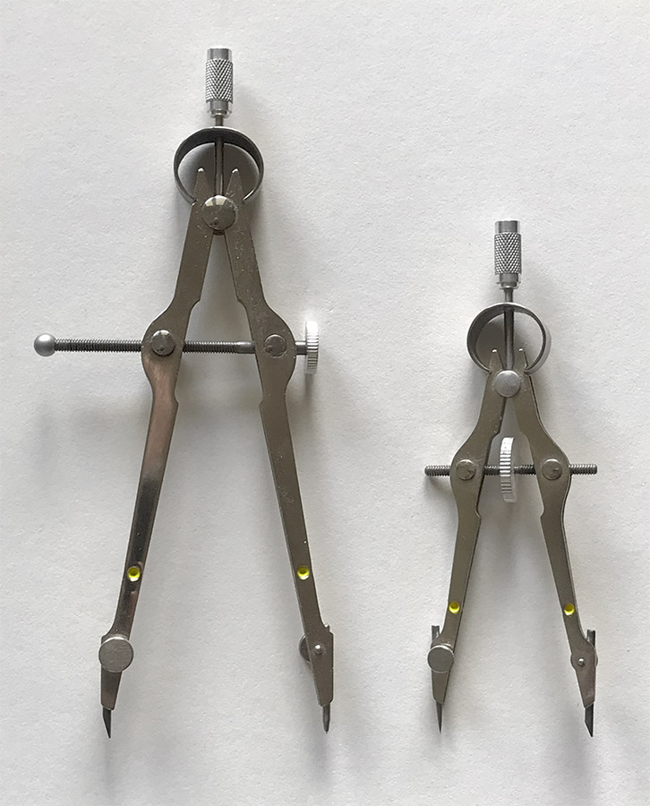Two old-style Yellow Dot compasses, both utilizing the original leg profiles. On the left is an early version of the Vemco Speed Bow Compass. On the right is a 4-1/2” Small Bow Compass. yellow-dot-examples