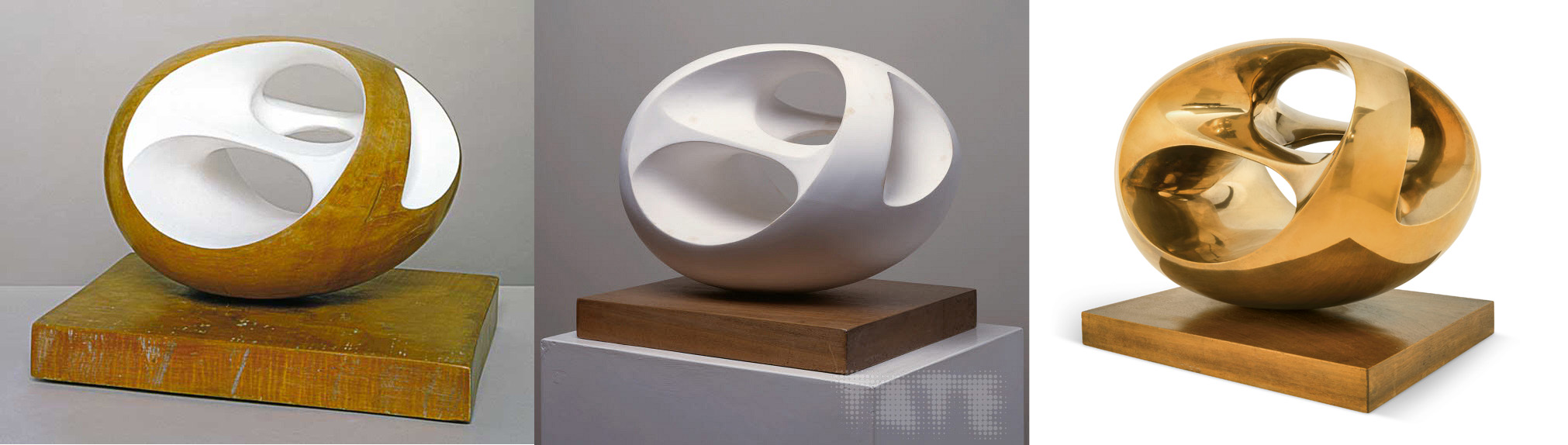 OVAL SCULPTURE (three versions) by Barbara Hepworth, conceived in 1943. Painted wood, white marble, and bronze. Photo credits: Christie's, The Tate, and Christie's. barbara-hepworth-oval-sculptures